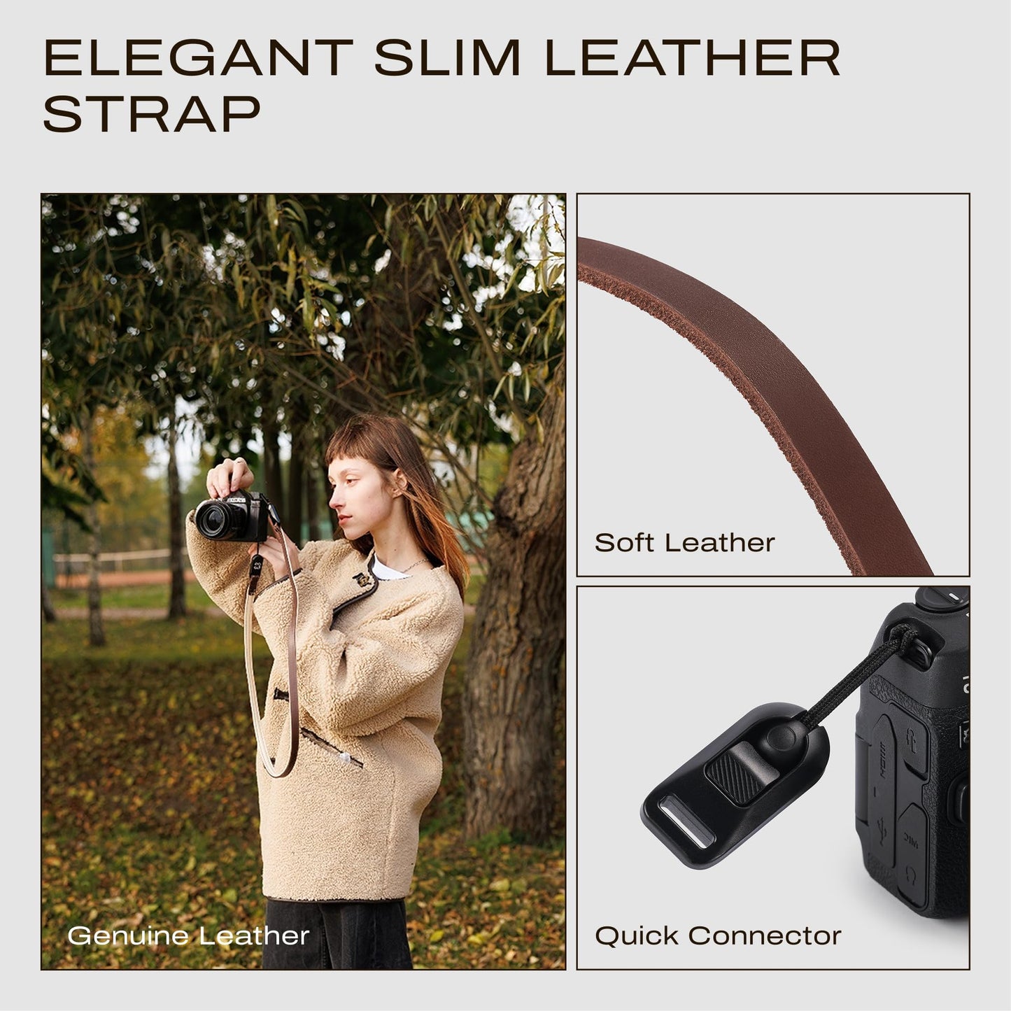 C Coiro Slim Leather Camera Strap with Quick Release, Neck Adjustable Camera Shoulder Strap SLR Compatible with All Camera Brands, Classic/Brown