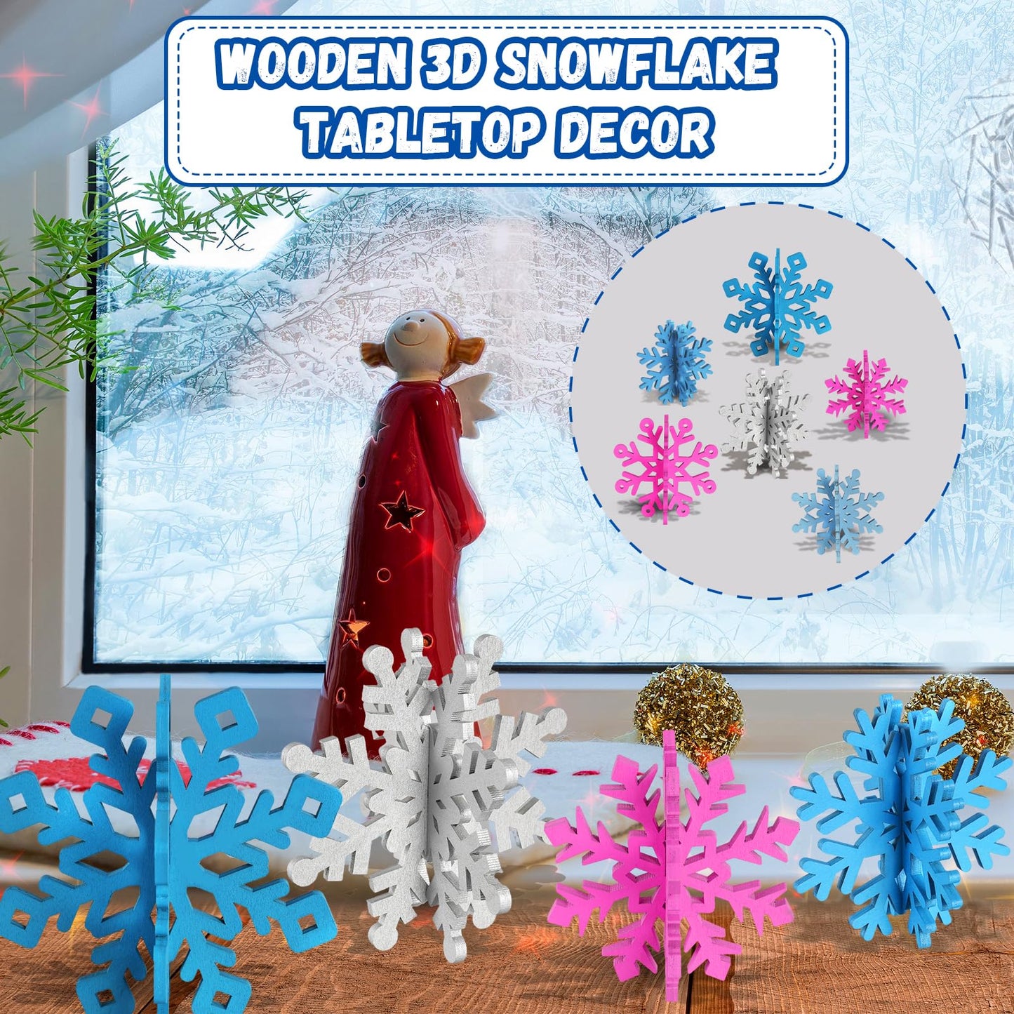 OuMuaMua 6 Sets Snowflake Christmas Table Decorations - 12pcs Blue Fuchsia Purple Sliver Wooden 3D Snowflake Decor Tabletop Centerpieces for Christmas Winter Wonderland Party Supplies Home