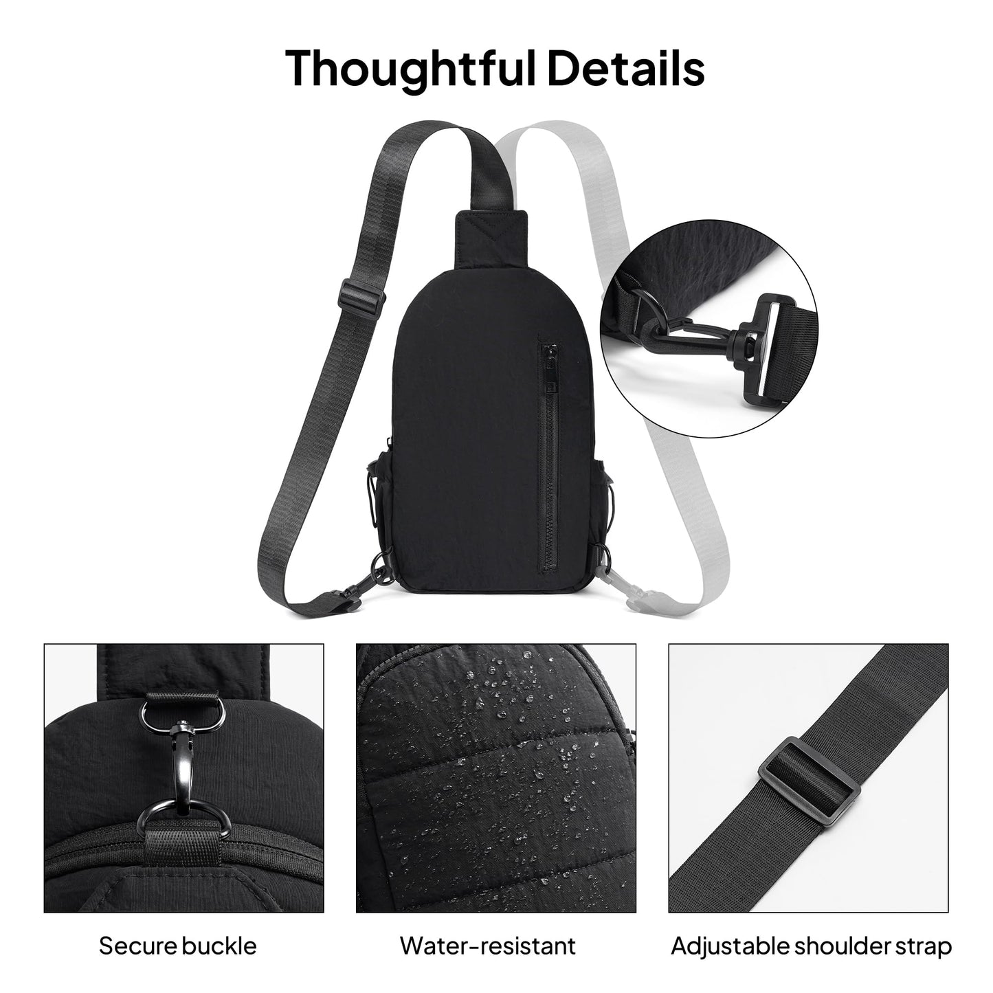 TOPEAST Sling Bag for Women, Anti-Theft Crossbody Bag with RFID Blocking & Water Bottle Holder for Travel, Lightweight Puffer Cross body Purse for Daily Hiking, Water-resistant, Black