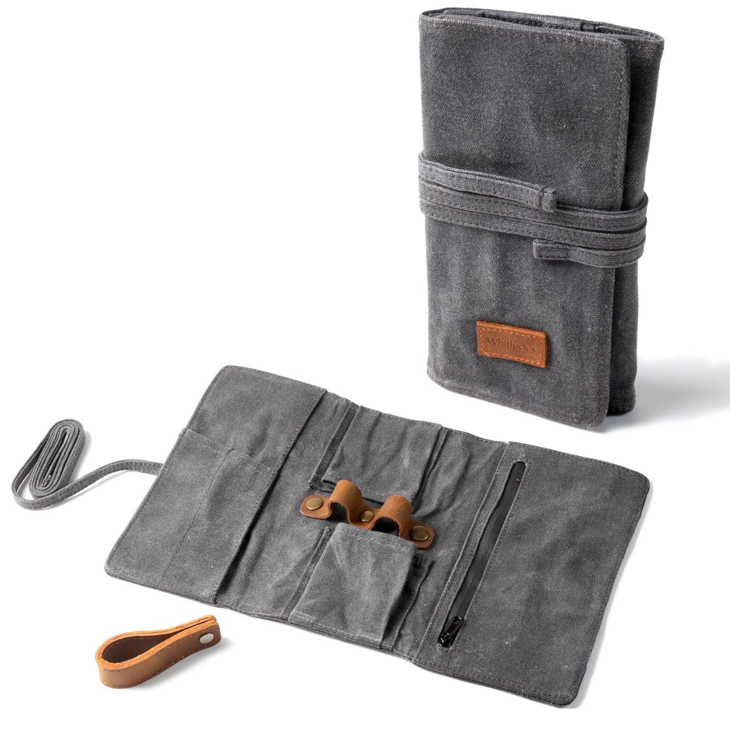 Whitluck's Waxed Canvas Tobacco Smoking Pipe Pouch with Leather Pipe Stand, Travel Pipe Case Bag for 2 Pipes and Other Accessories (Charcoal Grey)