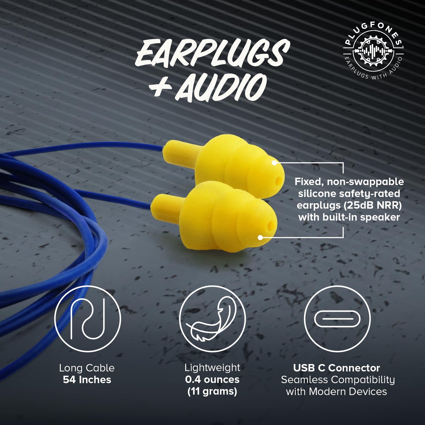 Plugfones Basic Earplug-Earbud Hybrid Earplug Headphones 25 dB Noise Reduction Rating Wired Noise Reducing Earphones Safety Earplugs for Work USB C Connector Yellow