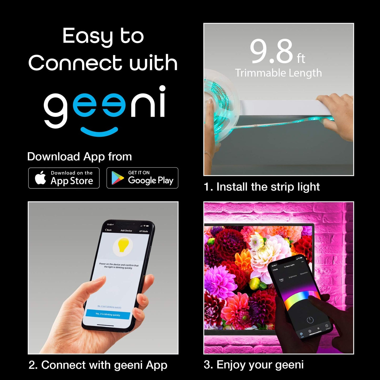 Geeni Smart LED Strip Lights,RGBWW Color Changing,Weatherproof,Timer & Scenes, Dimmable,Tunable White, Works with Alexa & Google Home 9.8ft