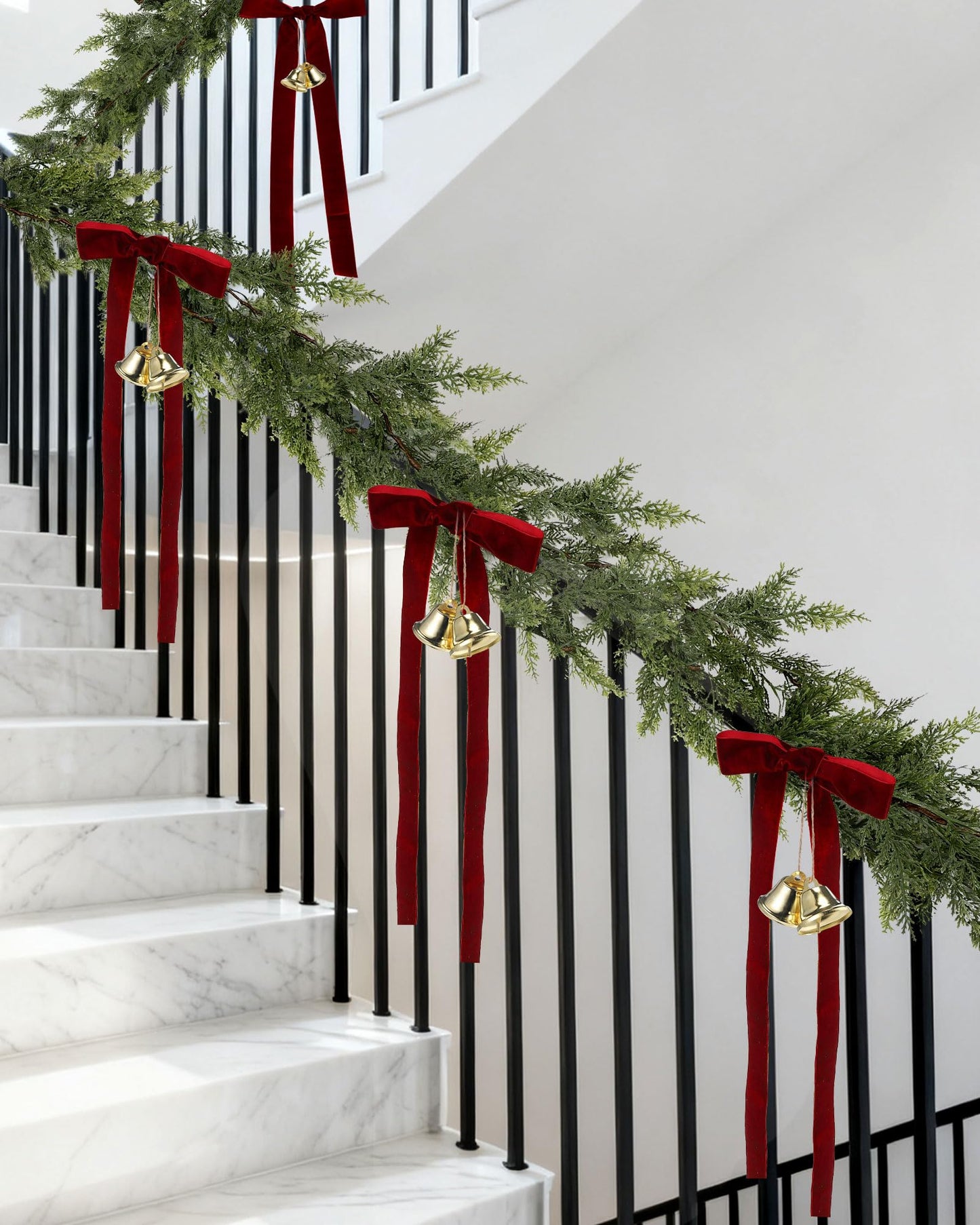 Suncalla 17 Extra Long Christmas Artificial Cedar Pine Cypress Garland with Ribbons and Bells Christmas Pine Decorations for Stairs Indoor Outdoor Wall Table Mantel Fireplace Xmas Decor