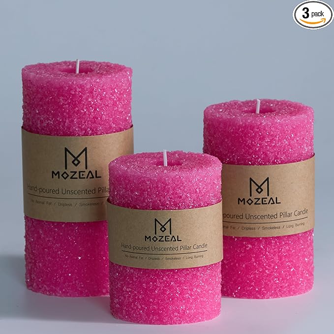 MOZEAL Hand-Poured Granular Texture Decorative Hot Pink Pillar Candles Set of 3 (3"x4", 5", 6"), Dripless, Unscented, Smokeless, for Women Gift, Birthday Party & Playful Valentine’s Décor