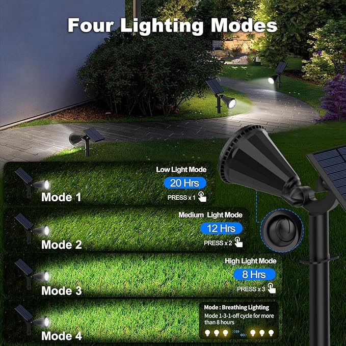 Solar Spot Lights Outdoor [4 Modes /2 Pack] Waterproof IP65 Solar SpotLights with Auto On/Off, 180° Adjustable Solar Powered Landscape Lights for Yard/Graden/Pathway/Wall/Tree (Cool White)