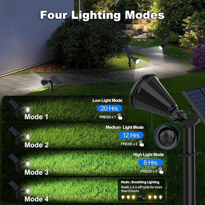 Solar Spot Lights Outdoor [4 Modes /2 Pack] Waterproof IP65 Solar SpotLights with Auto On/Off, 180° Adjustable Solar Powered Landscape Lights for Yard/Graden/Pathway/Wall/Tree (Cool White)