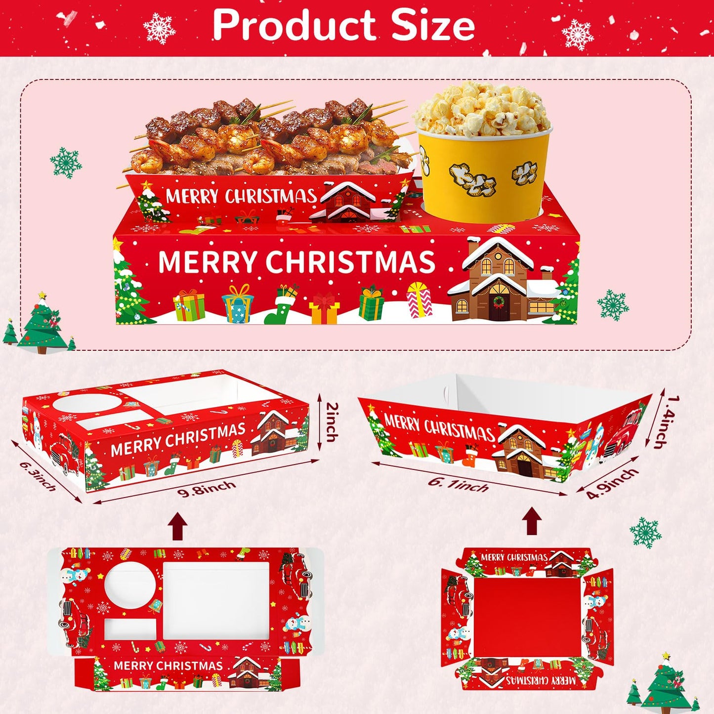Jansun 36Pcs Christmas Movie Night Snack Trays Candy Popcorn French Fries Snack Trays Christmas Movie Boxes for Snacks Tray Xmas Party Supplies