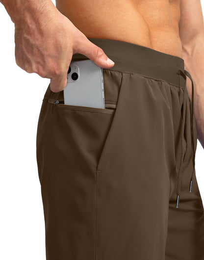 Soothfeel Men's Running Shorts with Zipper Pockets 7 Inch Lightweight Quick Dry Gym Athletic Workout Shorts for Men (Brown, M)