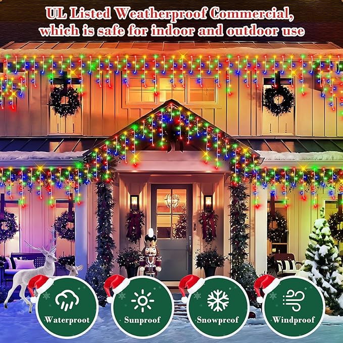 XURISEN 132ft Christmas Lights Decorations Outdoor, 1280 LED 8 Modes Fairy Lights with 240 Drops,Plug in Waterproof Timer Memory Function for Christmas Holiday Wedding Party Decorations(Multicolor)