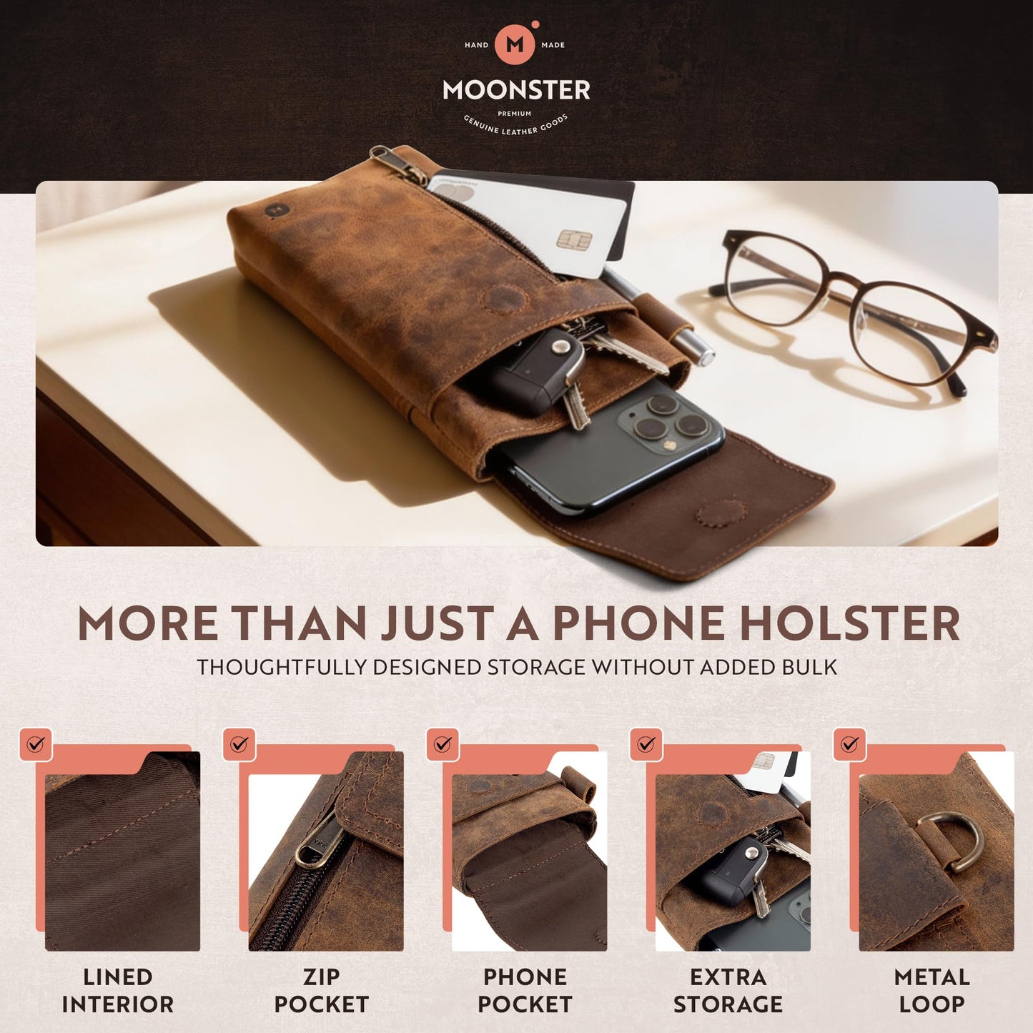 Moonster Leather Phone Holster – Genuine Full-Grain Leather for iPhone 17/16/15/14 Pro Max & Plus, Galaxy S25/S24 Ultra – Slim Belt Clip Phone Pouch with Magnetic Closure, Fits Thick Cases – 7” x 3.5”