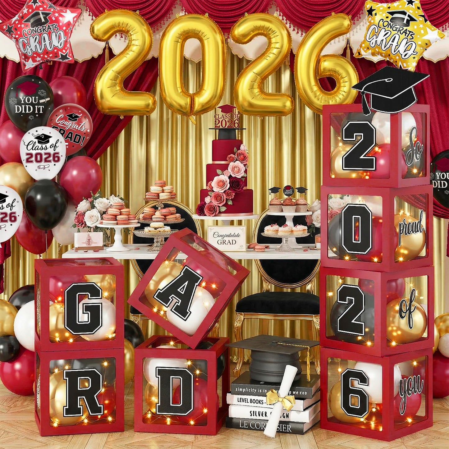 Maroon Prom Graduation Decorations Gold 2026 Number Balloons Boxes Burgundy Black Congrats Party GRAD So Pround of You Letters Star Foil Wine Red White Balloon Backdrop School College Celebrations