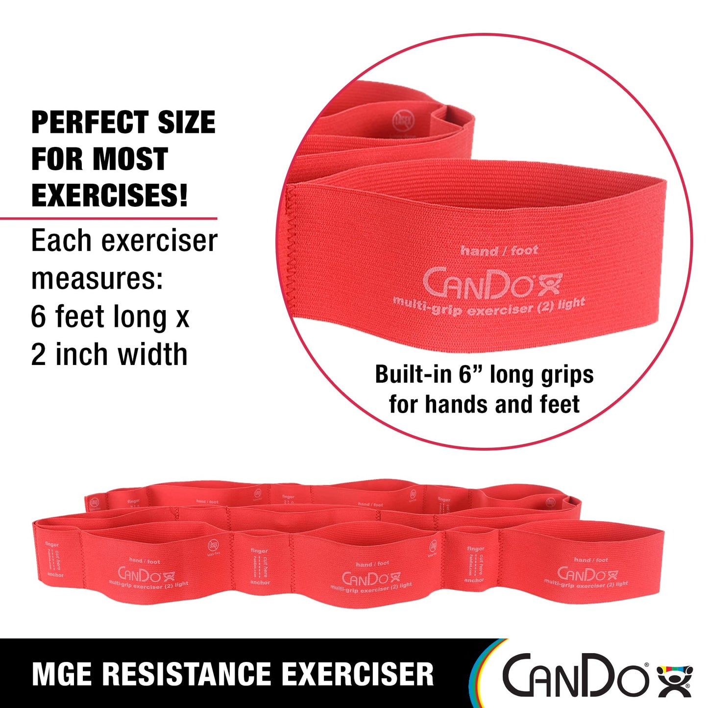 CanDo Multi-Grip 6 Foot Exercise Resistance Band with Hand/Foot Loops for Total Body Workouts, Training, Rehab, Stretching and Therapy