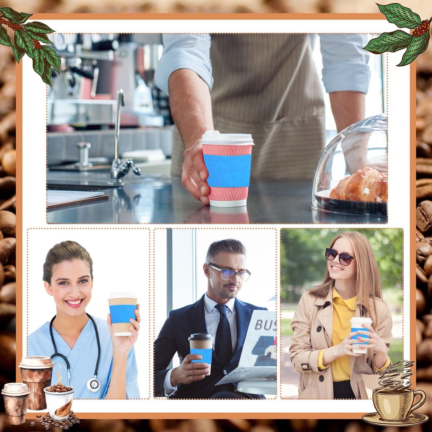 zsccxq Disposable Coffee Cup Sleeves Corrugated Kraft Paper Coffee Cup Sleeves Holder Protective Insulated Heat Espresso ForHot Drinks 8-24oz (Baby Blue, 200 Pcs)