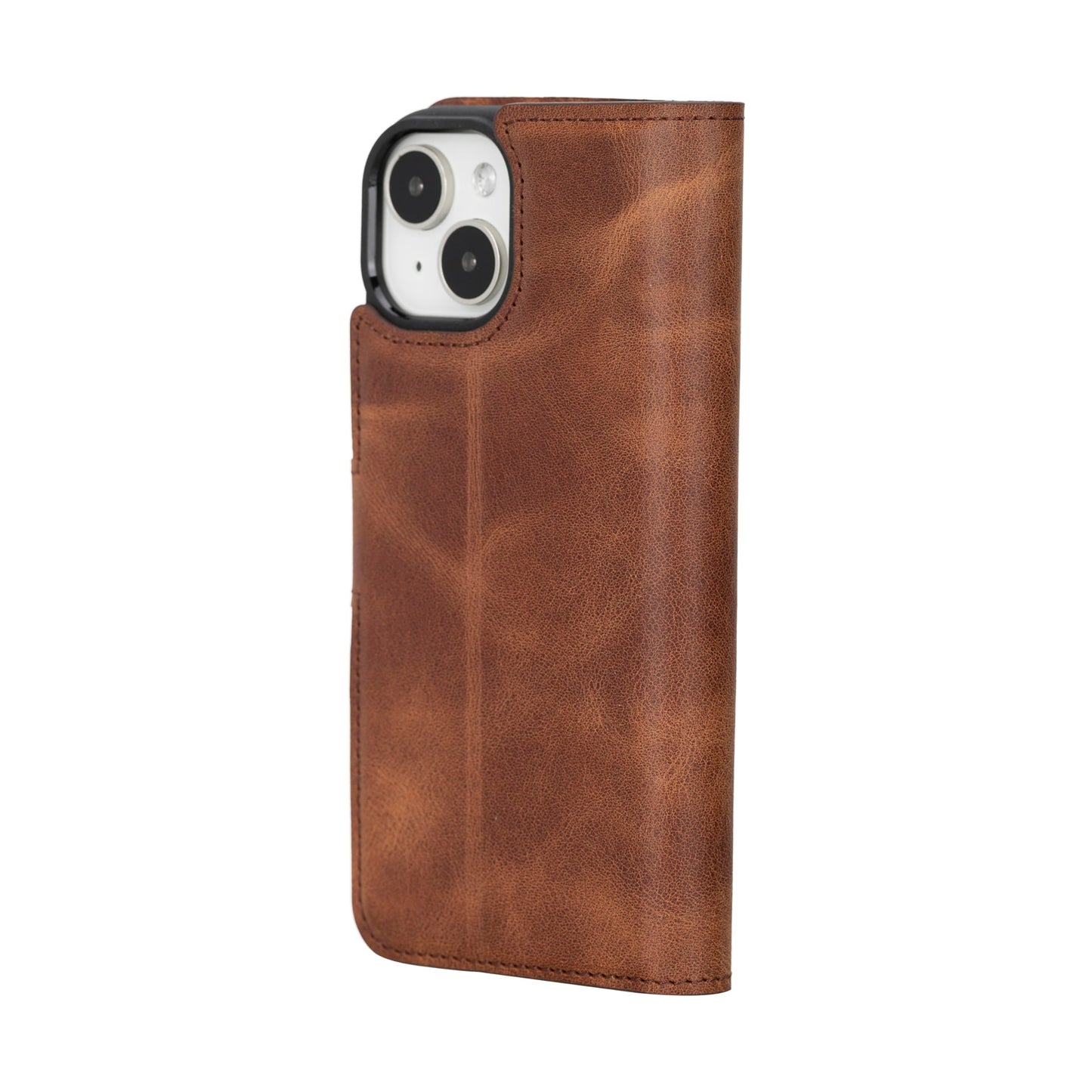 HARDISTON Genuine Leather Handmade Wallet Case Compatible with iPhone 15 - MagSafe Compatible - Detachable Strong Magnetic Flip Cover with Card Holders - Horizontal Kickstand (Brown)