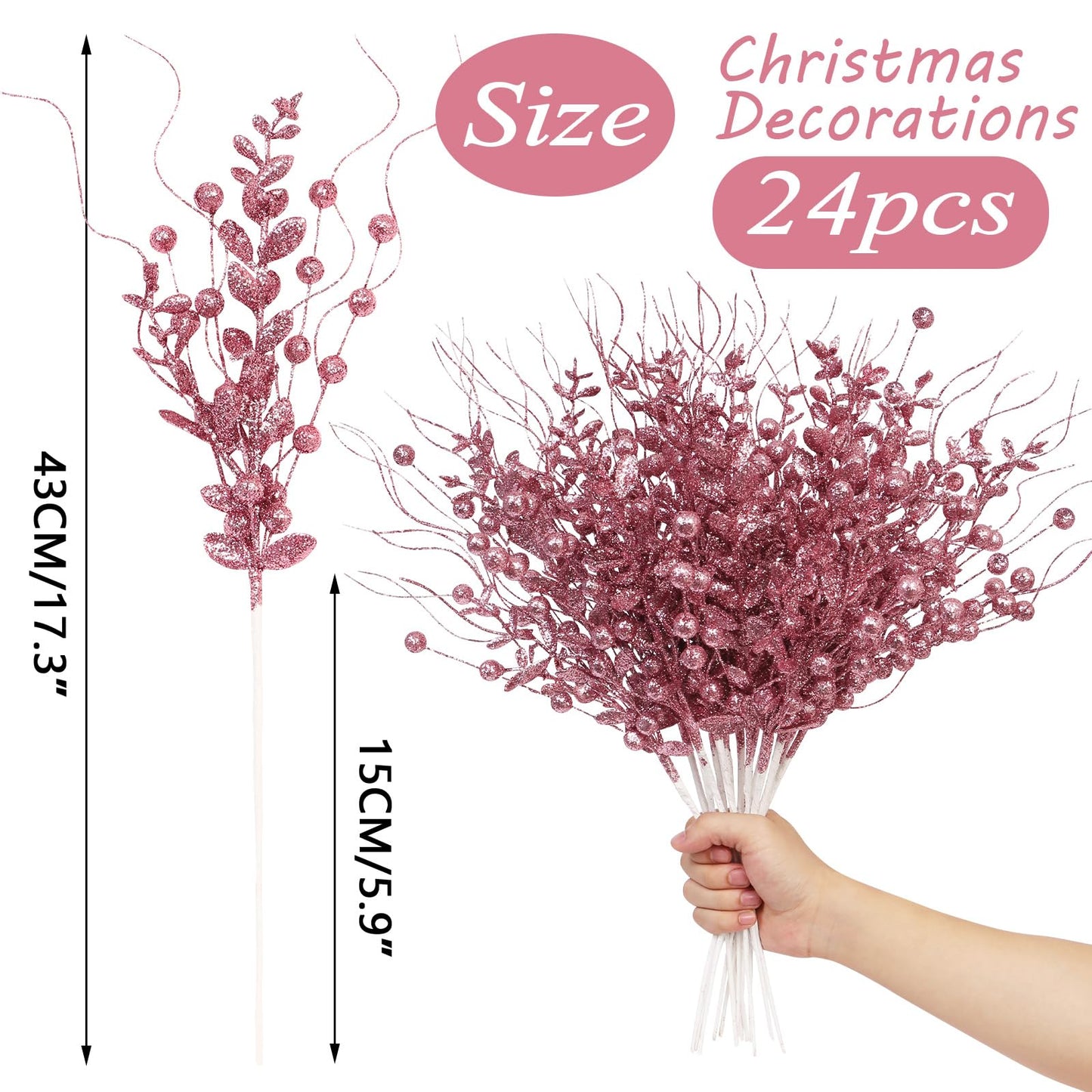 24 Pack Christmas Tree Decorations Picks and Sprays, Christmas Ornaments Artificial Glitter Berry Stems Branches Picks Twigs for Xmas Tree Vase Filler Home Holiday Decor (Pink-A)