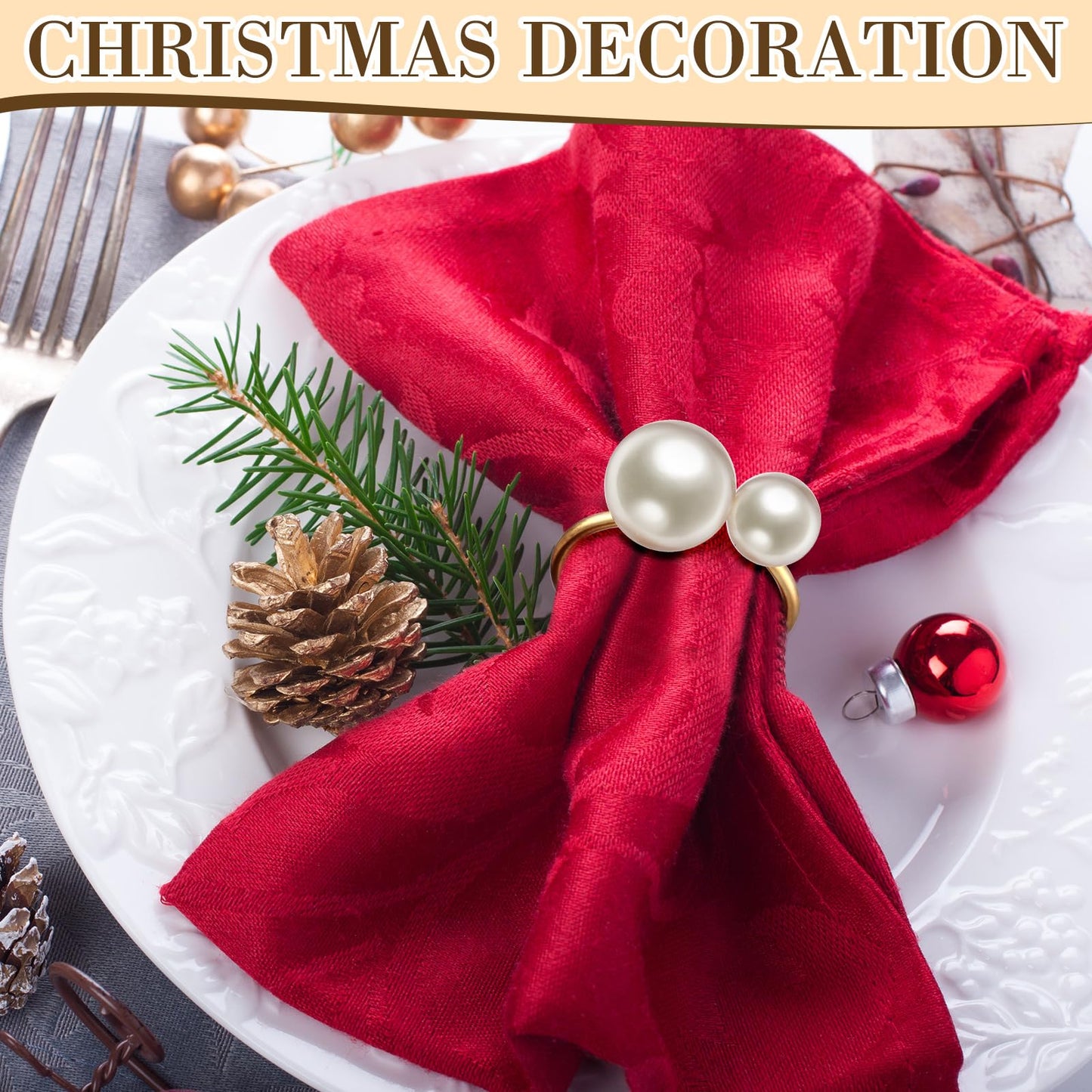 Sliner 50 Pcs Gold Pearl Napkin Rings Set, Faux Pearl Napkin Ring Holders, Delicate Metal Serviette Buckle Bulk for Wedding, Dinner Banquet, Holiday Gather Part, Party Table Decor(Simple Style)