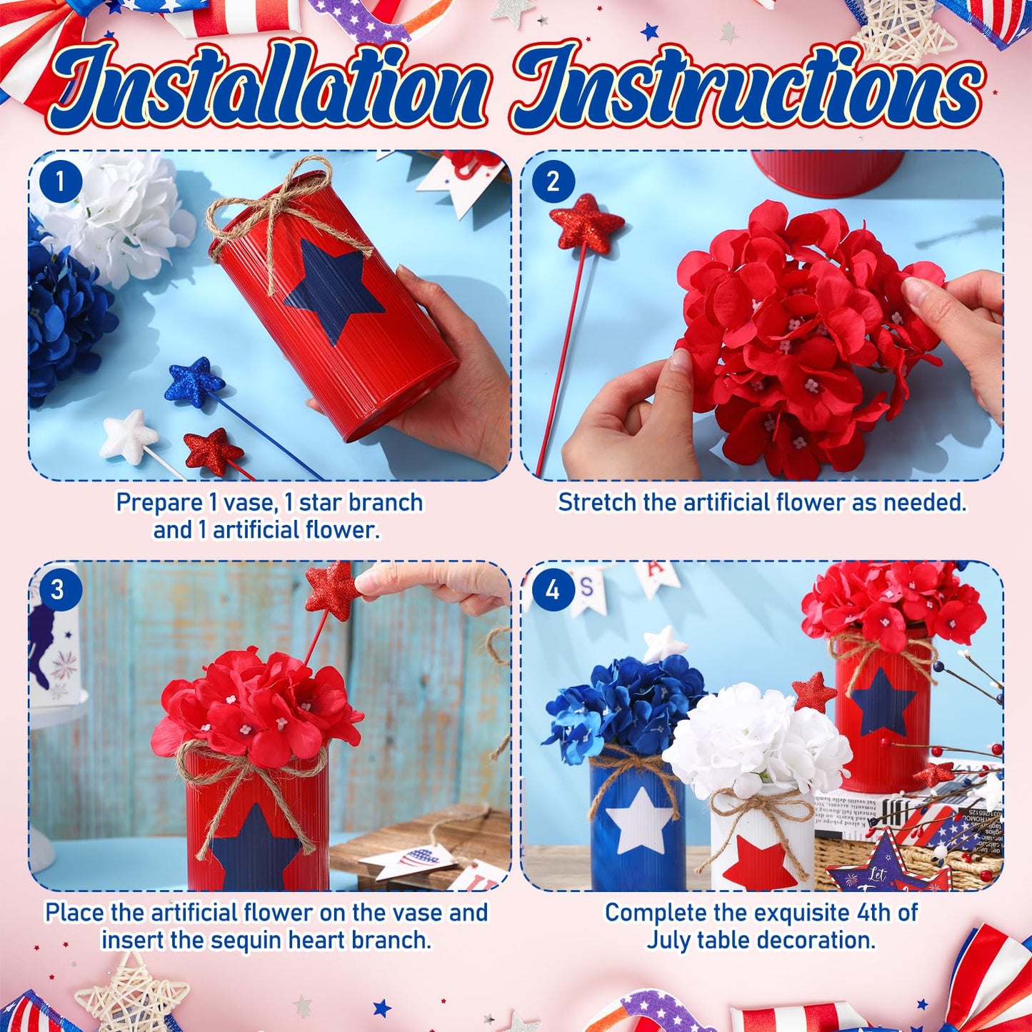 SiliFine 6 Sets 4th of July Decoration Patriotic Centerpiece for Table Include 6 Silk Artificial Hydrangeas Flower 6 Red Blue White Star Glitter Berry Pick 6 Metal Vase for 250th Anniversary Party