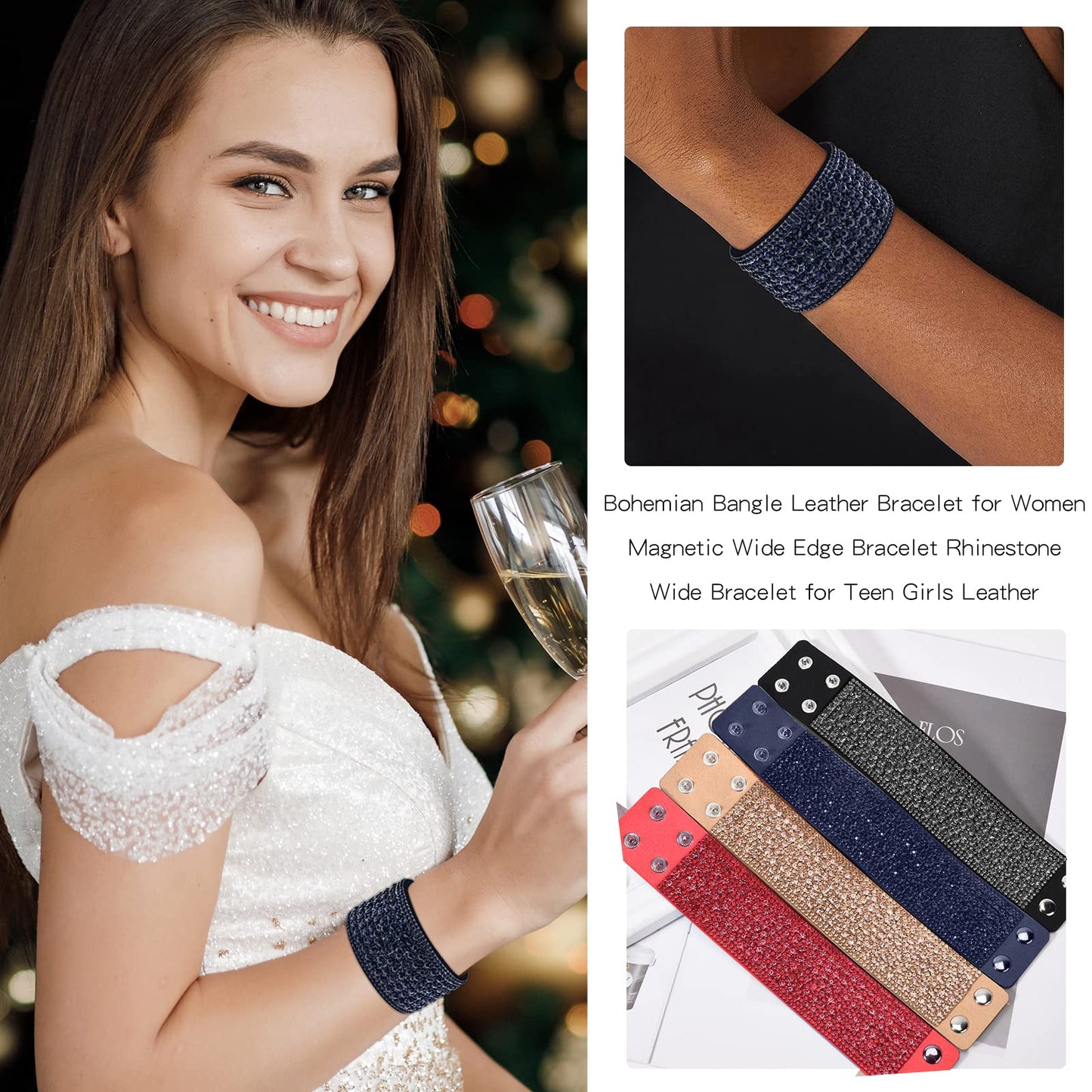 Long tiantian Black Bracelets for Women Rhinestone Leather Cuff Bracelet Birthday Party Prom Jewelry Gifts