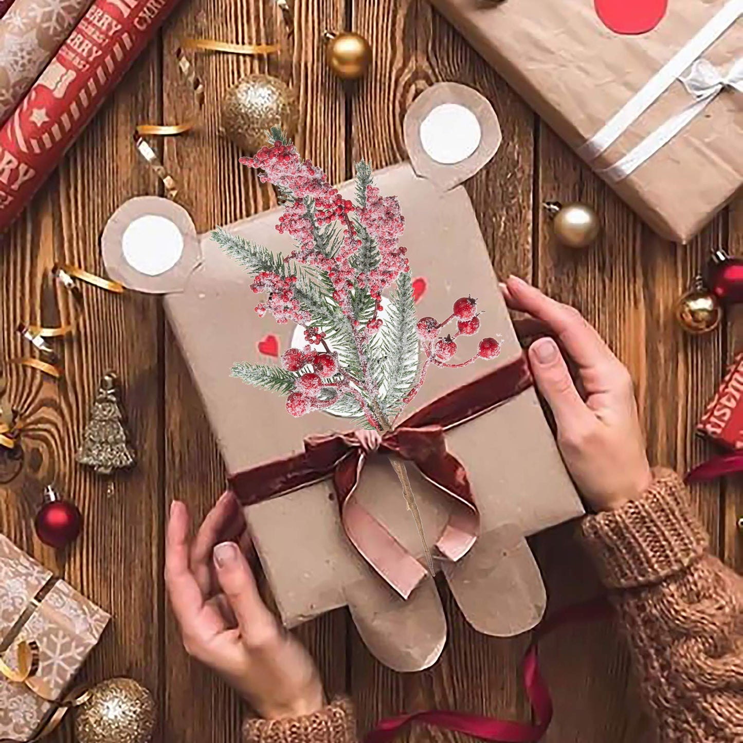Crafare12-16 Inch Large Artificial Christmas Tree Picks 12 Styles Assorted Holly Picks Stems with Pinecones Leaves for Xmas Tree Filler Floral Arrangement Winter Holiday Season Décor