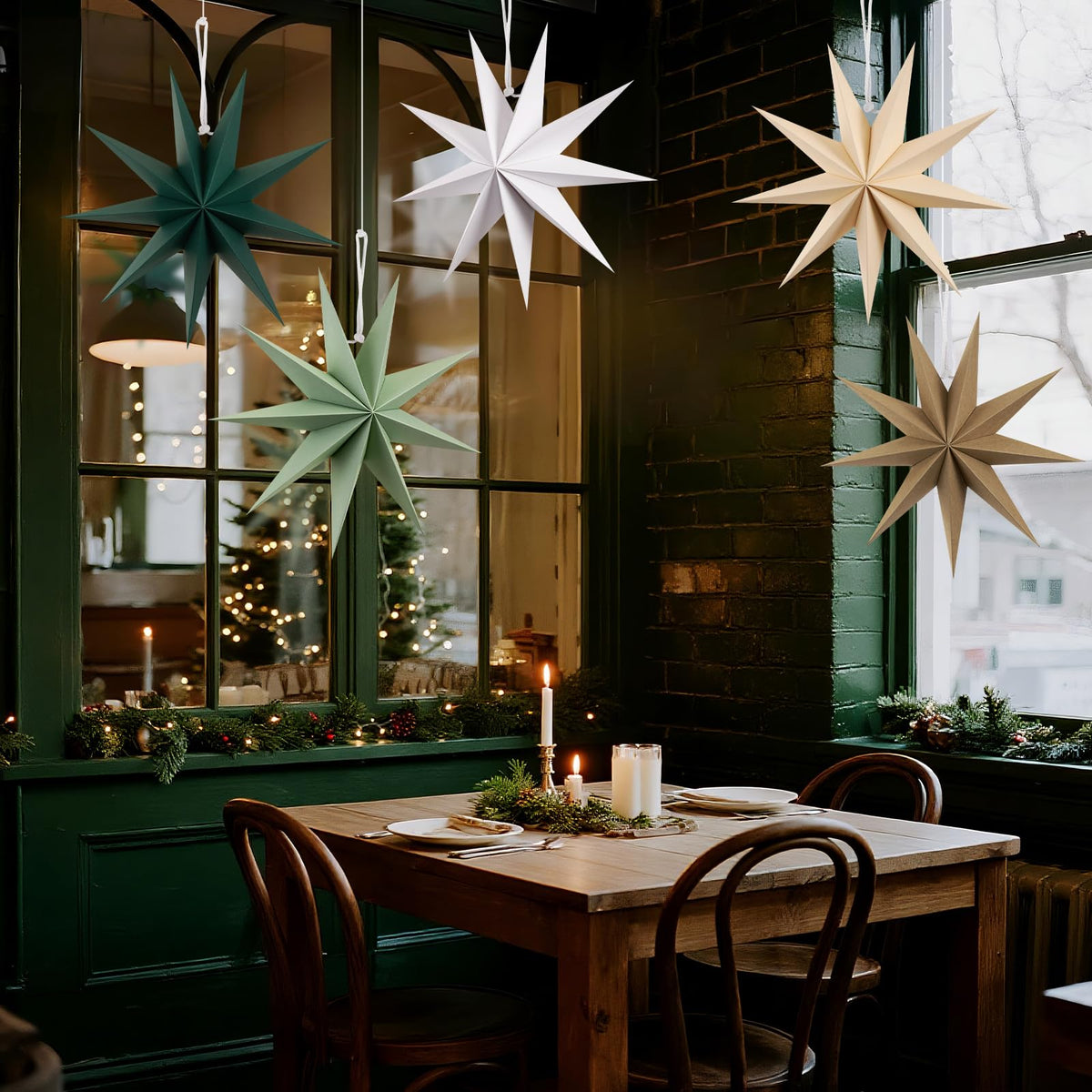 SUNBEAUTY Sage Green 9-Pointed 12 Inch Paper Star Lanterns Christmas Hanging Lamp Paper Decorations Shade Wedding Birthday Christmas Home Party Decorations