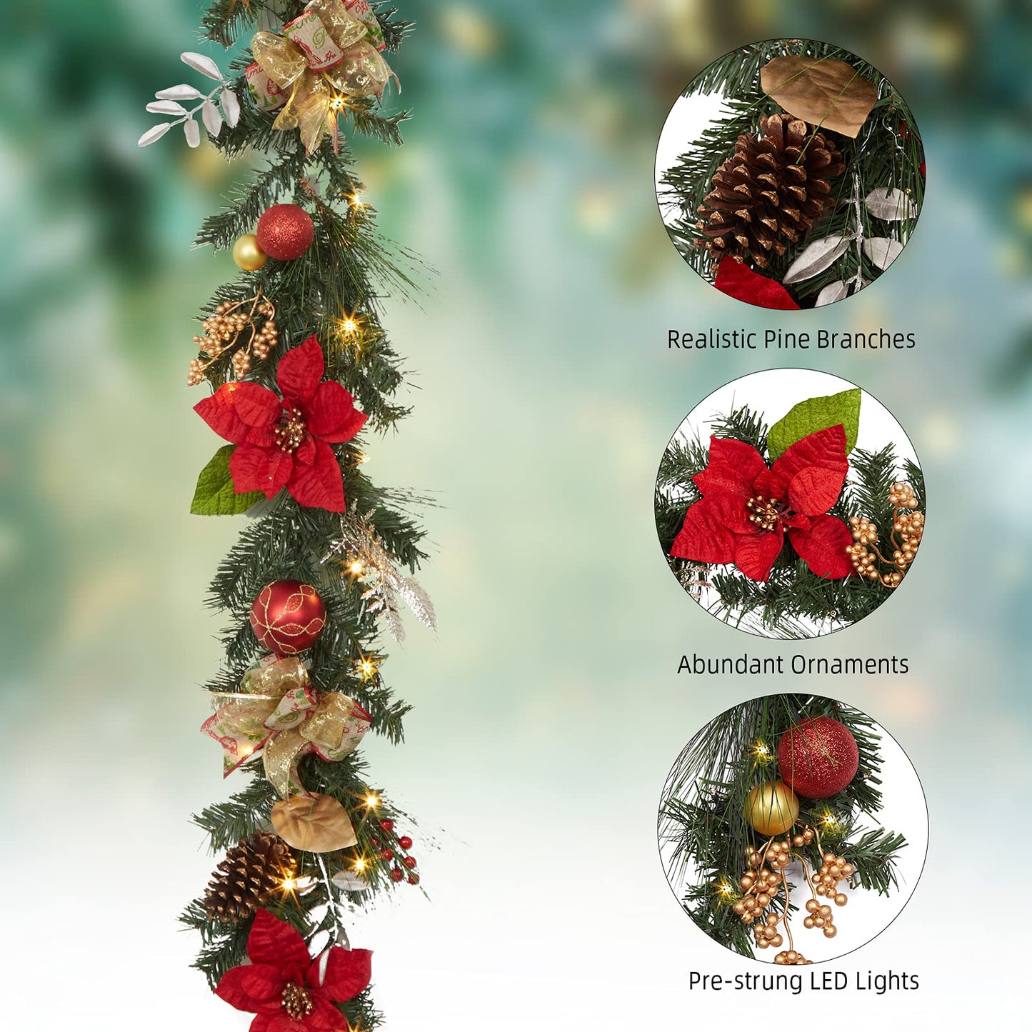 Adeeing 6FT Christmas Garland with Lights, Prelit Artificial Christmas Garland with Pine Cones Poinsettia, Cordless Xmas Garland for Fireplace Mantle Stairecase Indoor Outdoor Holiday Home Decorations