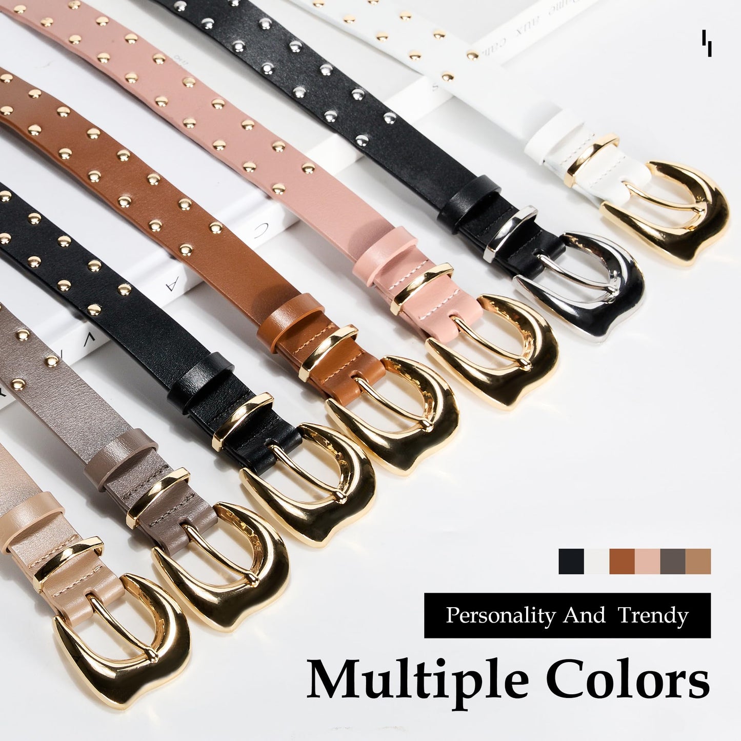 Asaloy Women's Studded Genuine Leather Belts,Adjustable Womens Waist Belts for Jeans Dresses and Pants Punk Belt (Black gold+White gold belt(2P), Waist circumference 27-36 inches)