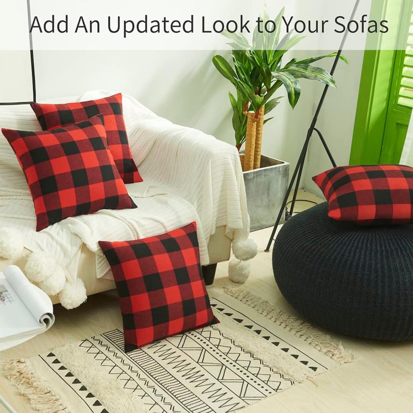 Volcanics Christmas Pillow Covers 18x18 Set of 4, Red and Black Classic Buffalo Check Plaid Decorative Throw Pillow Covers, Farmhouse Square Pillow Case Cushion Pillowcase for Holiday Home Decor Sofa