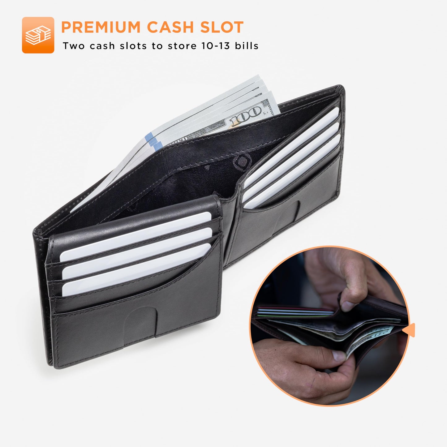 Full Grain Leather Wallet for Men | RFID Blocking | Extra Capacity Bifold Wallet with ID Windows | Ultra Strong Stitching | Slim Billfold with 13 Card Slots | Gift for Him (Charcoal Black Venture)