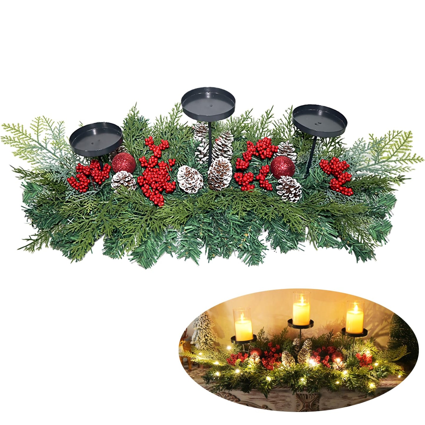 27.6" Christmas Table Centerpiece with Lighs Christmas Candle Holders with 3 Trays Red Berries Balls Pine Cones Xmas Pine Garland Lights Decoration for Centerpiece Table Mantel Holiday Home Decor