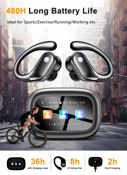 jaddsa Wireless Earbuds, ENC Noise Cancelling Ear Buds with Smart Touchscreen, Bluetooth 5.4 Headphones, Bass Stereo Sound Over-Ear Earbuds, 5 EQ Modes for Sports/Travel/Gym- Jet Black