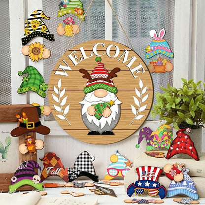 Qunclay Interchangeable Wooden Gnome Decor Holiday Seasonal Gnome Decorations with Magnet Pieces and Detachable Hats Changeable Welcome Sign for Home(Tawny)