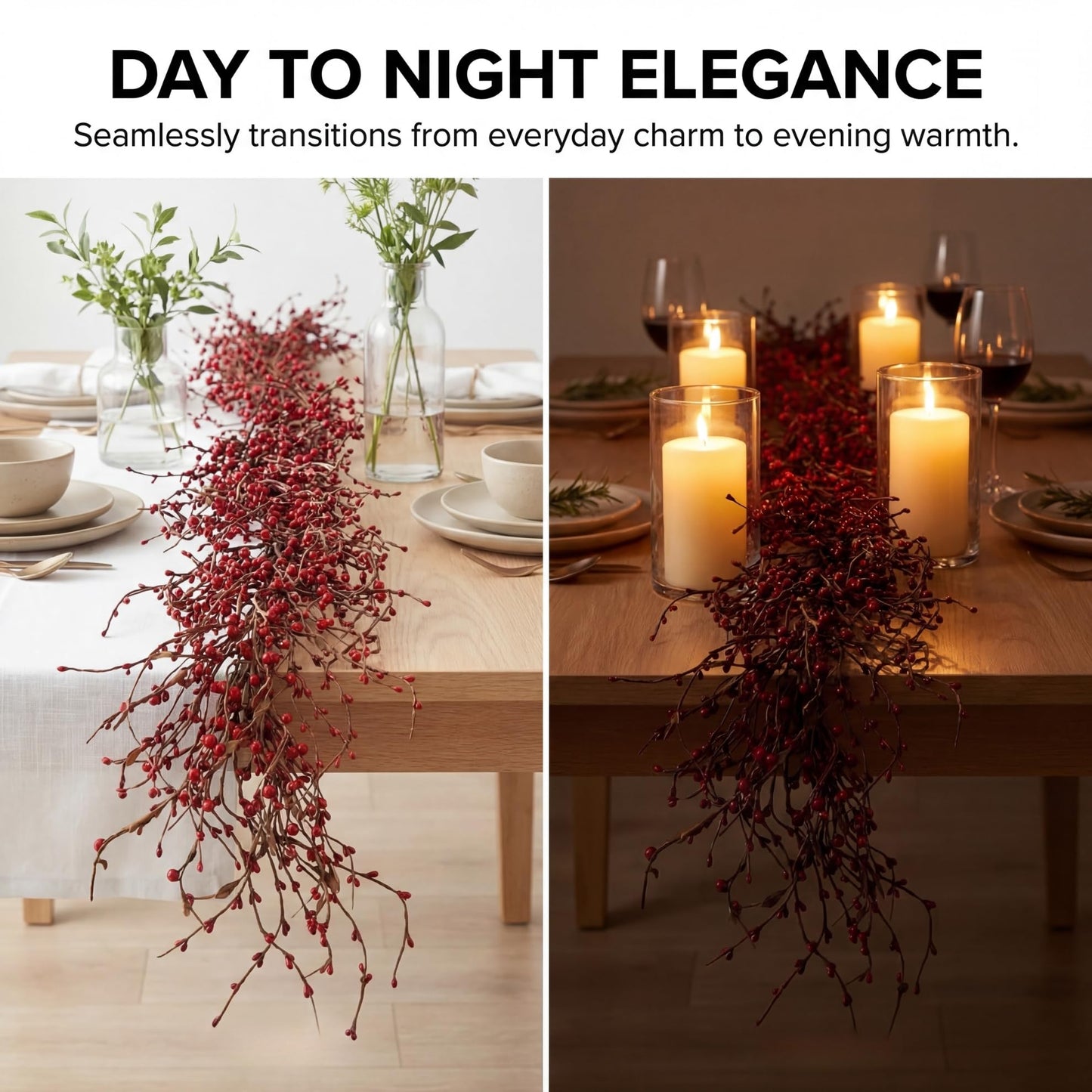 Quixem 60 Inch (5FT) Rustic Red Pip Berry Garland for Fireplace Mantel & Table Runner, Flexible Wired Artificial Vine, Christmas & Americana Farmhouse Décor Everyday Décor