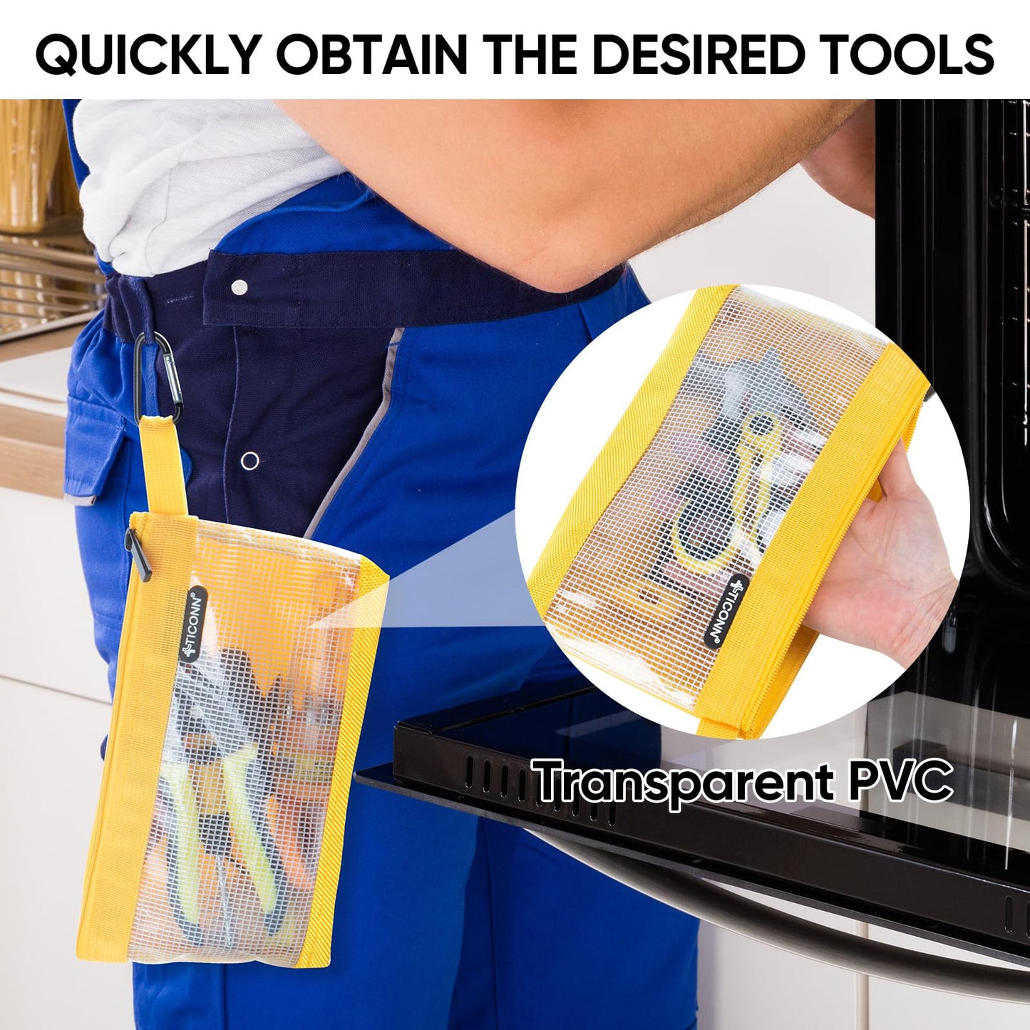 TICONN Tool Pouch, 1680D Oxford Small Tool Bag, Tool Pouches with Zipper, Clear Utility Bag Zipper Pouch for Tool Organizers and Storage (6PK Combo)