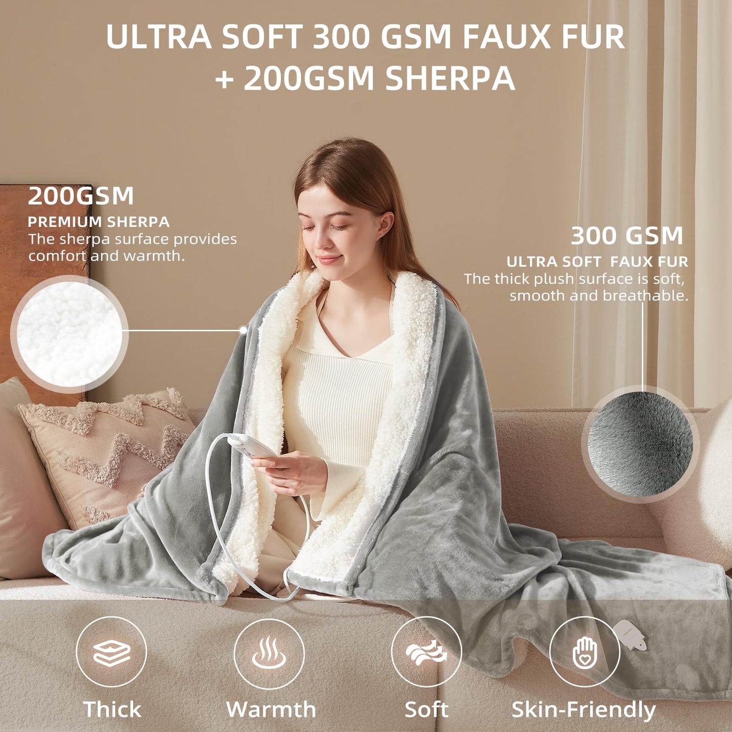 Bwarm Heated Blanket Electric Throw Faux Far Blanket Sherpa Fleece Women Gift,Faux Christmas Fur Blanket for Couch, Sofa, Bed Dark Grey 50x60 Inches