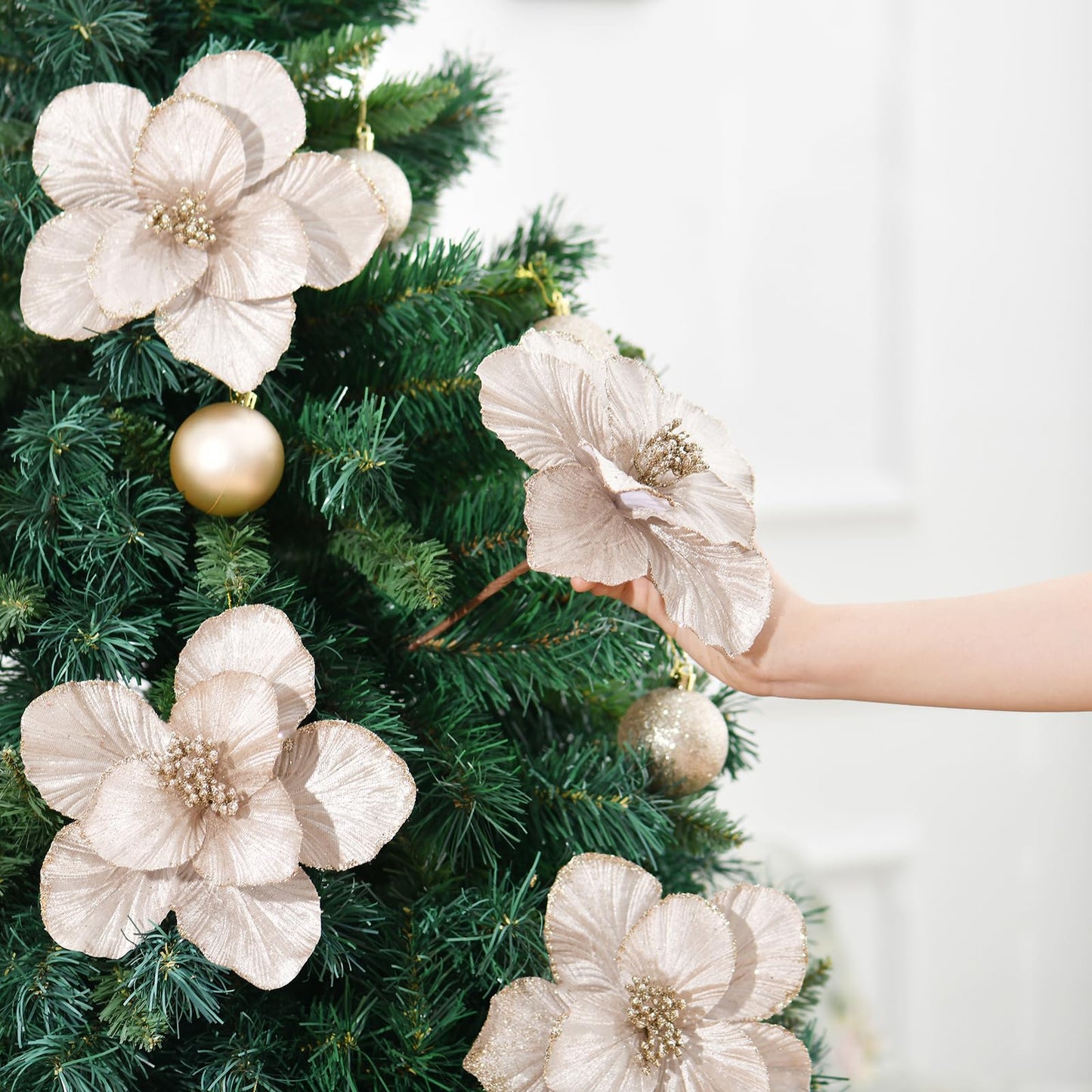 YSZL Christmas Poinsettias Artificial Magnolia Flower Ornaments Floral Picks Stems Christmas Tree Decorations Pack of 10 for Xmas Tree Party Wedding Centerpiece (Champagne)