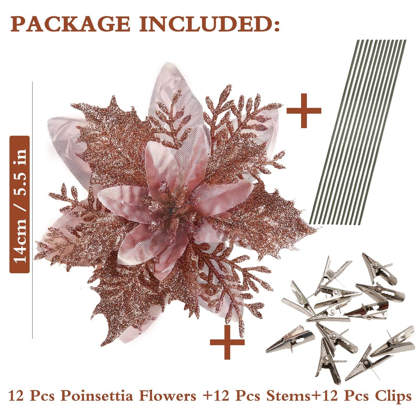 GREENTIME 12 Pcs Glitter Poinsettia 5.5" Artificial Flowers Christmas with Clips Stems Xmas Tree Ornaments for New Year Party Stairs Fireplace Porch Balcony Garden Church Wreath Decoration (Champagne)