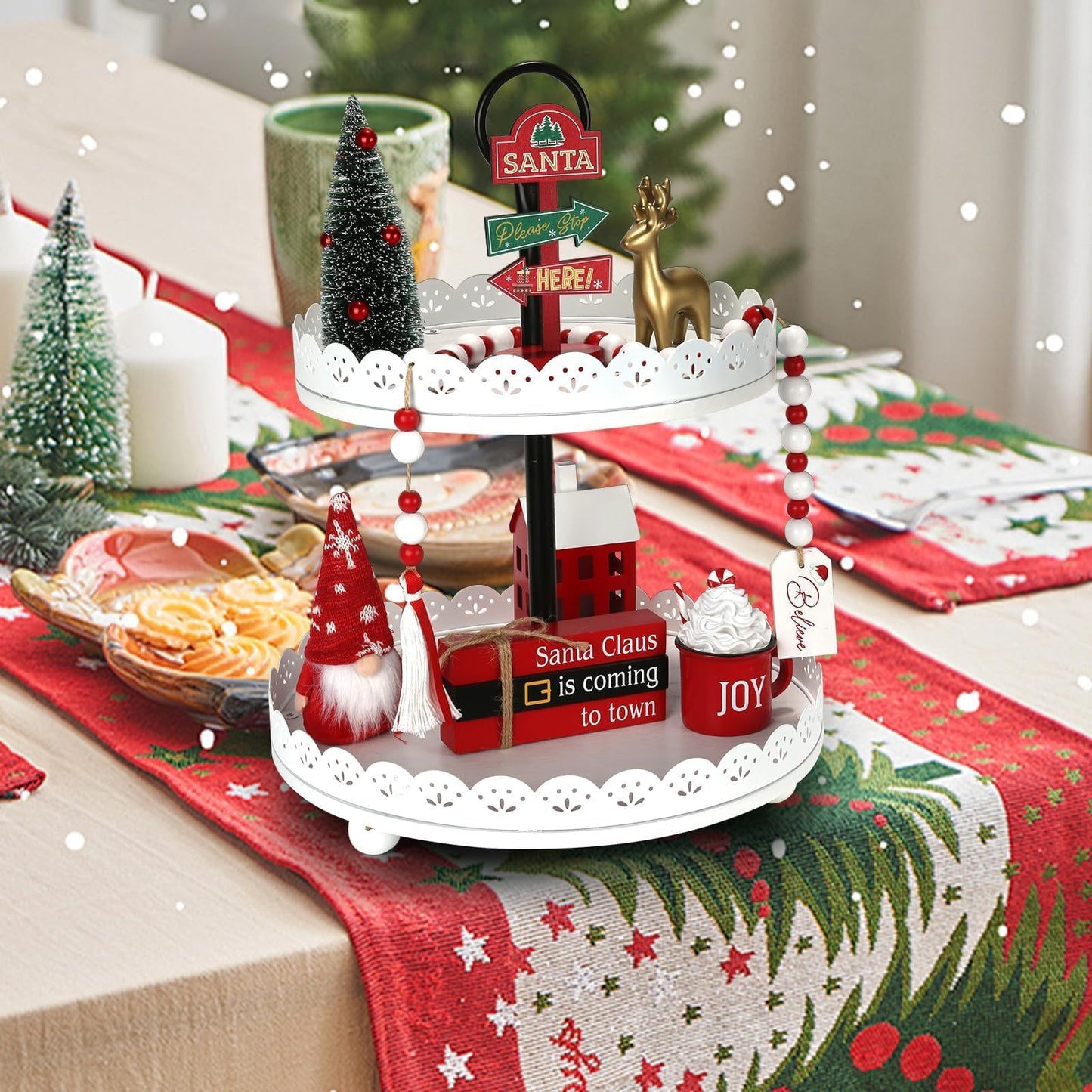 Christmas Decorations 8 PCS Tiered Tray Decor Set, Cute Tabletop Christmas Decor for Home Shelf Mantel Coffee Bar Office Xmas Table Centerpieces Tray Objects Holiday Decoration Set