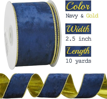 MEEDEE Navy Blue and Gold Velvet Ribbon 2.5 inch Thick Velvet Wired Edge 10 Yards Spool Two Tone Ribbon for Christmas Tree, Gift Wrapping, Wreaths, Bows, Swags, Crafts Supply