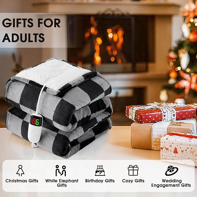 Heated Electric Blanket Twin Size, 62X84 Heating Blanket with 10 Heat Level & 8 Hours Auto Off, Black Gray Checkered Plaid Soft Fleece Sherpa Blankets Warmer Gifts for Couch Grandma Women Adults