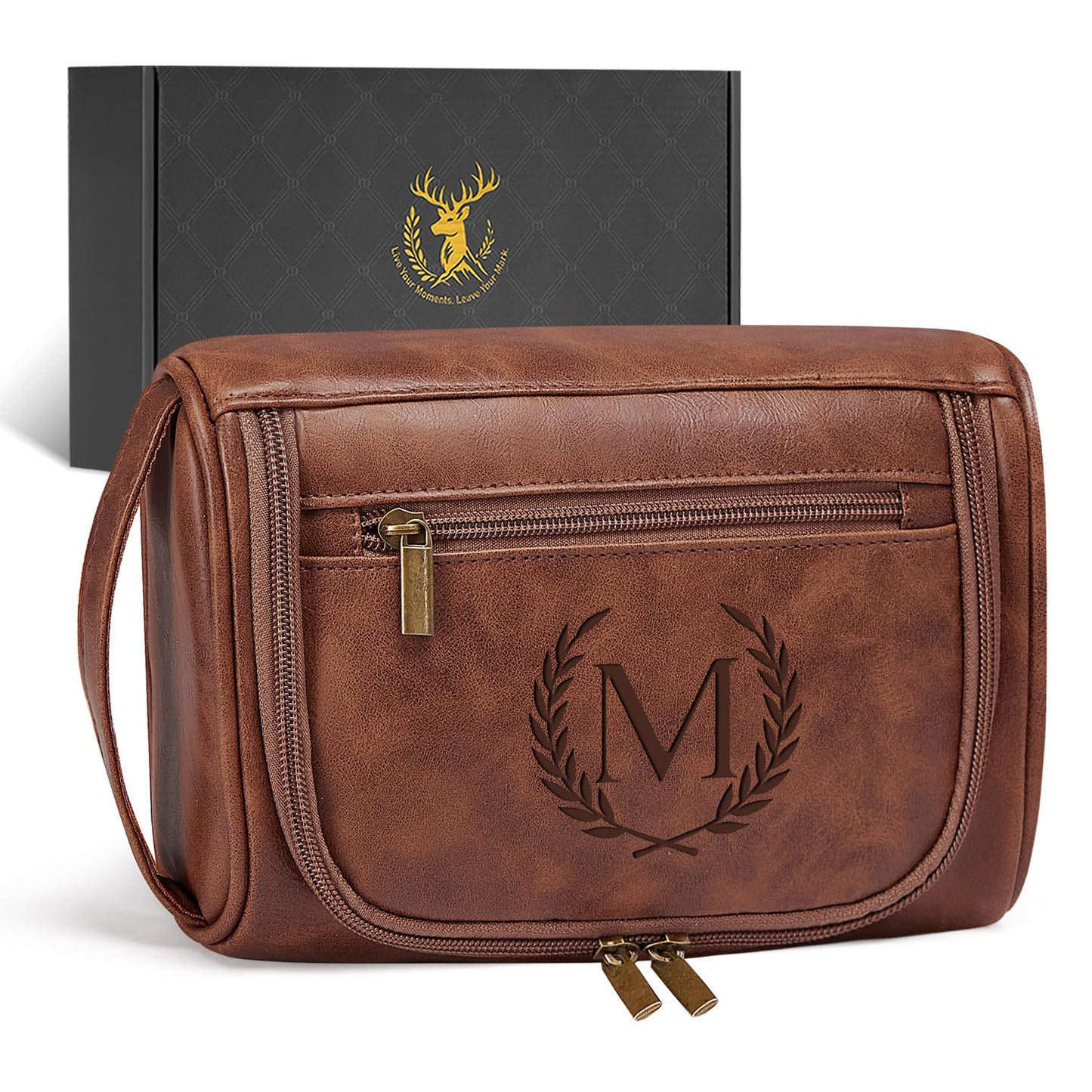 Aganmi Personalized Gifts Travel Toiletry Bag for Men Him, Laser-Engraved Initial Waterproof PU Leather Shaving Bag Fathers Day Birthday Gift for Men Dad Husband Boyfriend Son Reddish Brown M