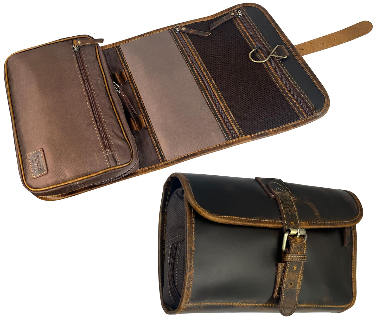 RUSTIC TOWN Leather Hanging Toiletry Bag for Men - Travel Shaving Dopp Kit - Bathroom Shower Toiletries Organizer - Leather Cosmetic Makeup Bag for Women