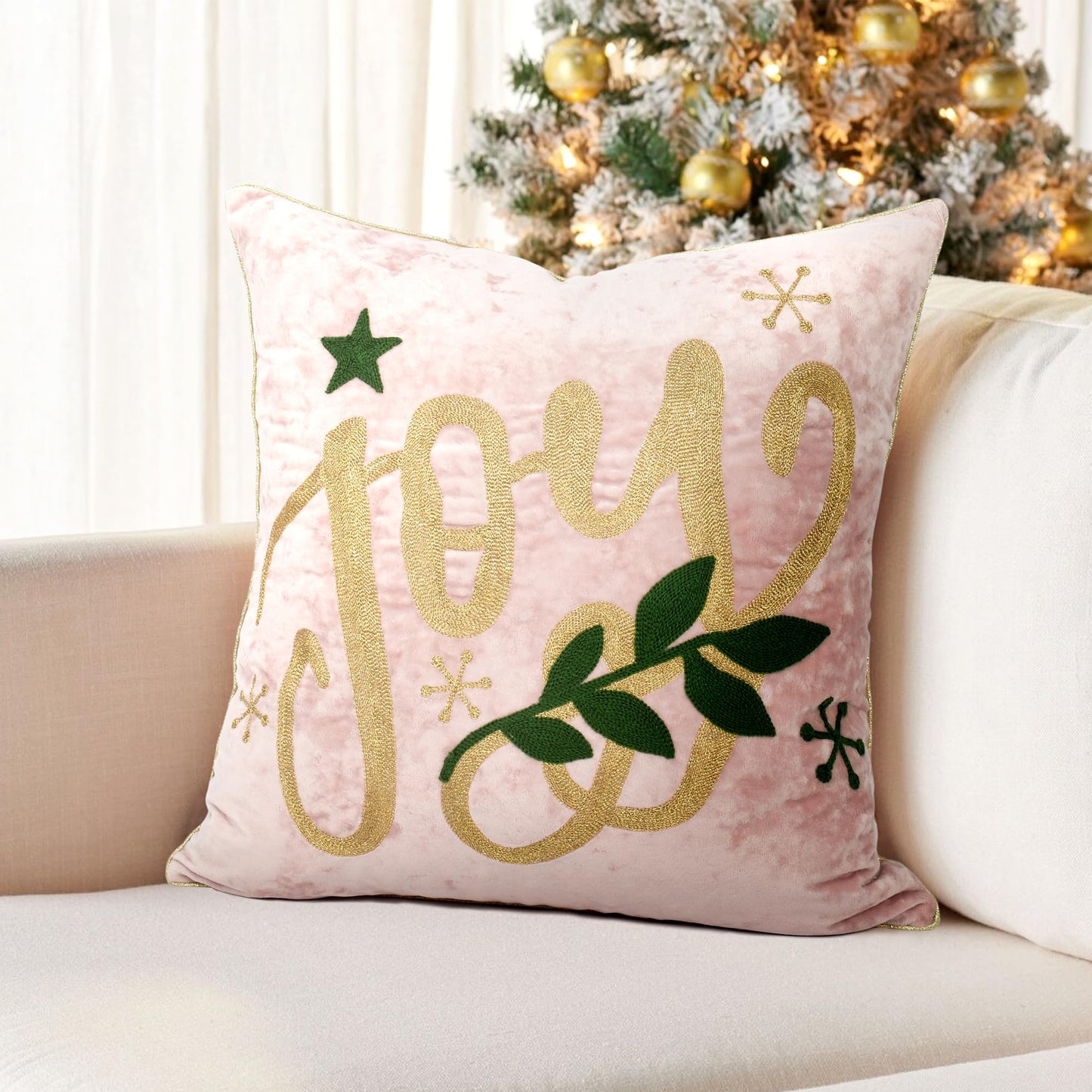 LOOPUINHOM Joy Christmas Pillow Covers 18x18,Embroidered Velvet Christmas Throw Pillow Covers Christmas Decorations Holiday Pillows for Home Couch,Pink Blush/Gold