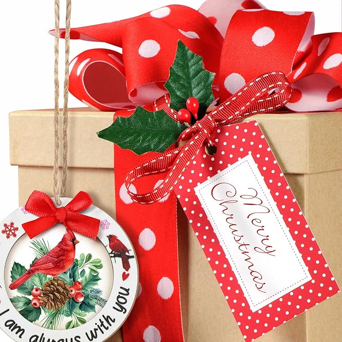 Blulu 24 Pieces Christmas Red Cardinal Picture Frames Ornaments - Wooden Photo Ornaments 'I Am Always with You' for Xmas Tree Decoration - Sympathy Memorial Gifts
