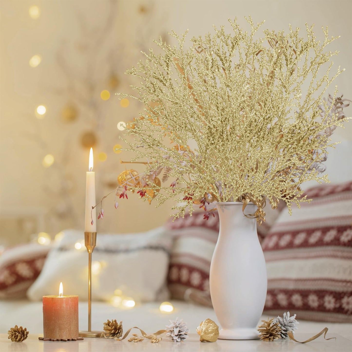 Winlyn 15 Pcs Christmas Artificial Cedar Sprays Champagne Glittered Faux Cedar Branches Stems Christmas Tree Ornament Picks 14.4" for Christmas Tree Wreath Wedding Bouquet Holiday Centerpiece