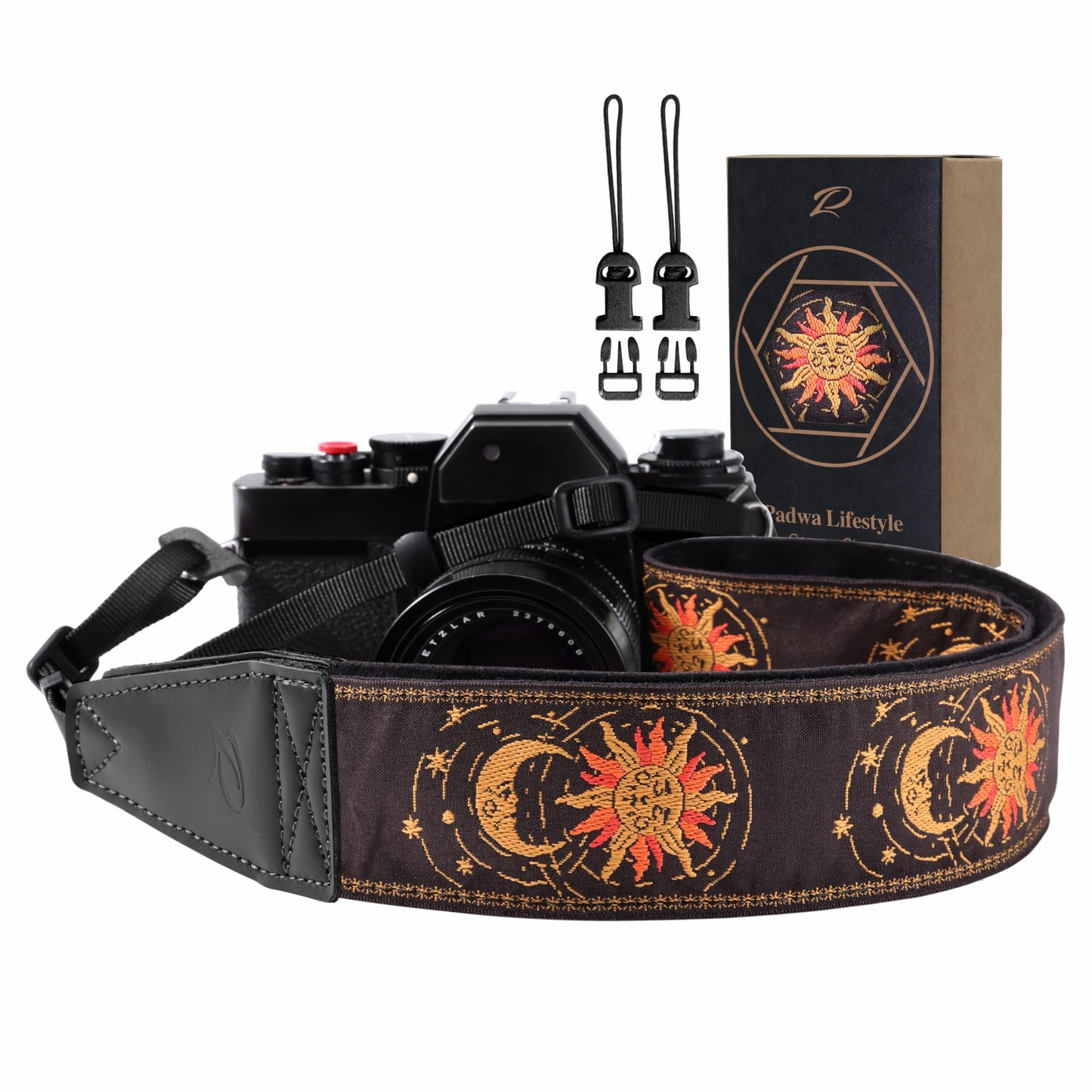 Padwa Lifestyle Helios Moon God Camera Strap -2" Full Grain Leather Ends Camera Straps for Photographers, Vintage Embroidered Cotton Weave Soft Suede Fabric Padded Strap Quick Release fits All Cameras