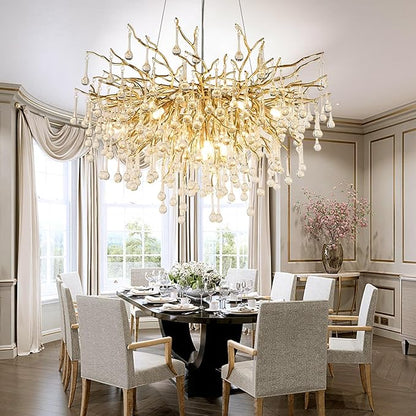 Crystal Chandelier for Dining Room 10-Light Raindrop Chandelier Contemporary Champagn Gold Pendant Light Fixture for Kitchen Island Bar