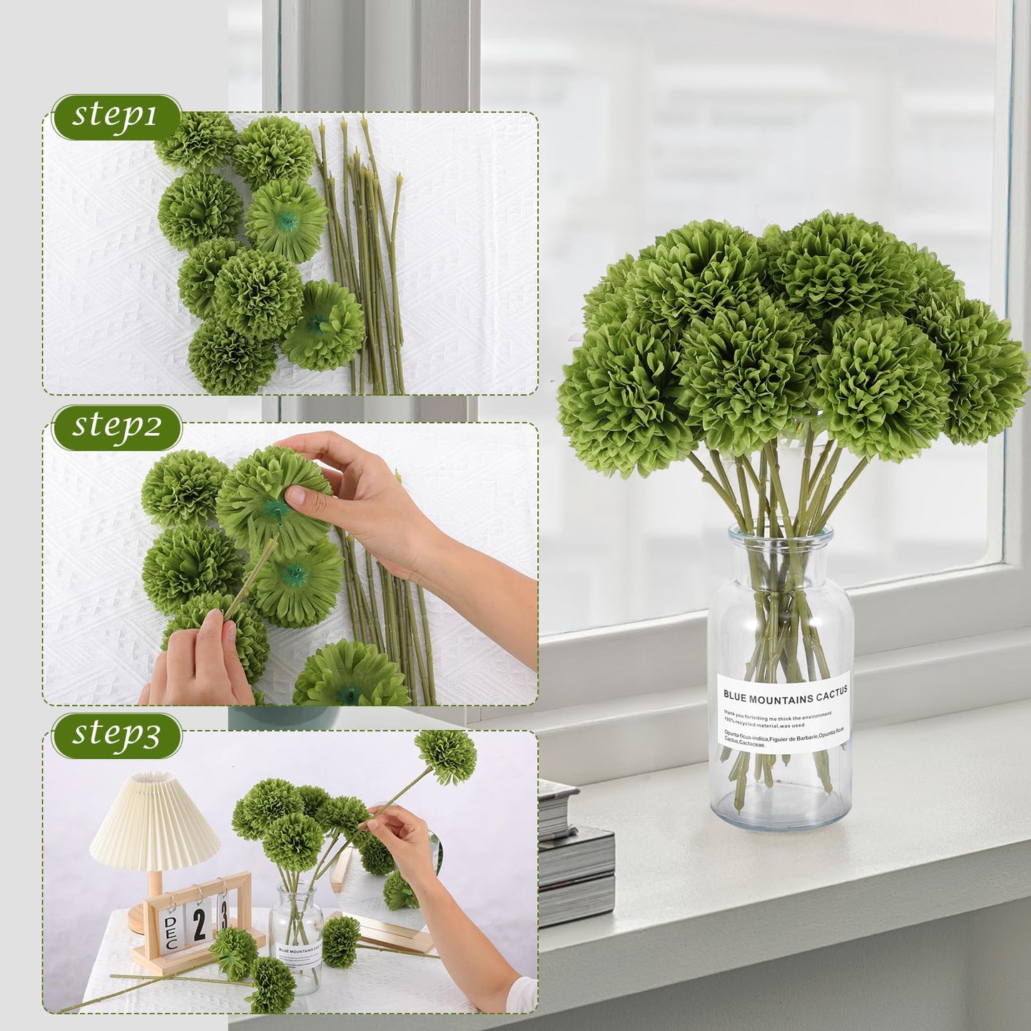Rowfad 12 Pcs Artificial Chrysanthemums Flowers Green Flowers Silk Fake Mums Flowers for St Patricks Day Outdoor Wedding Table Centerpiece Home Decor (12, Green)