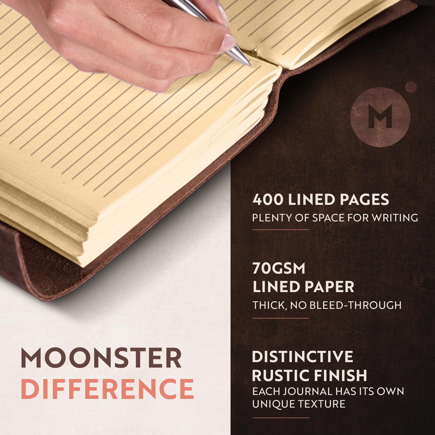 moonster Leather Journal with Embossed Heart Shape - Non Refillable 8x6″ Lined Notebook - 400 Pages College Ruled Kraft Paper - Inspirational Small Notebook - Leather Journals for Women