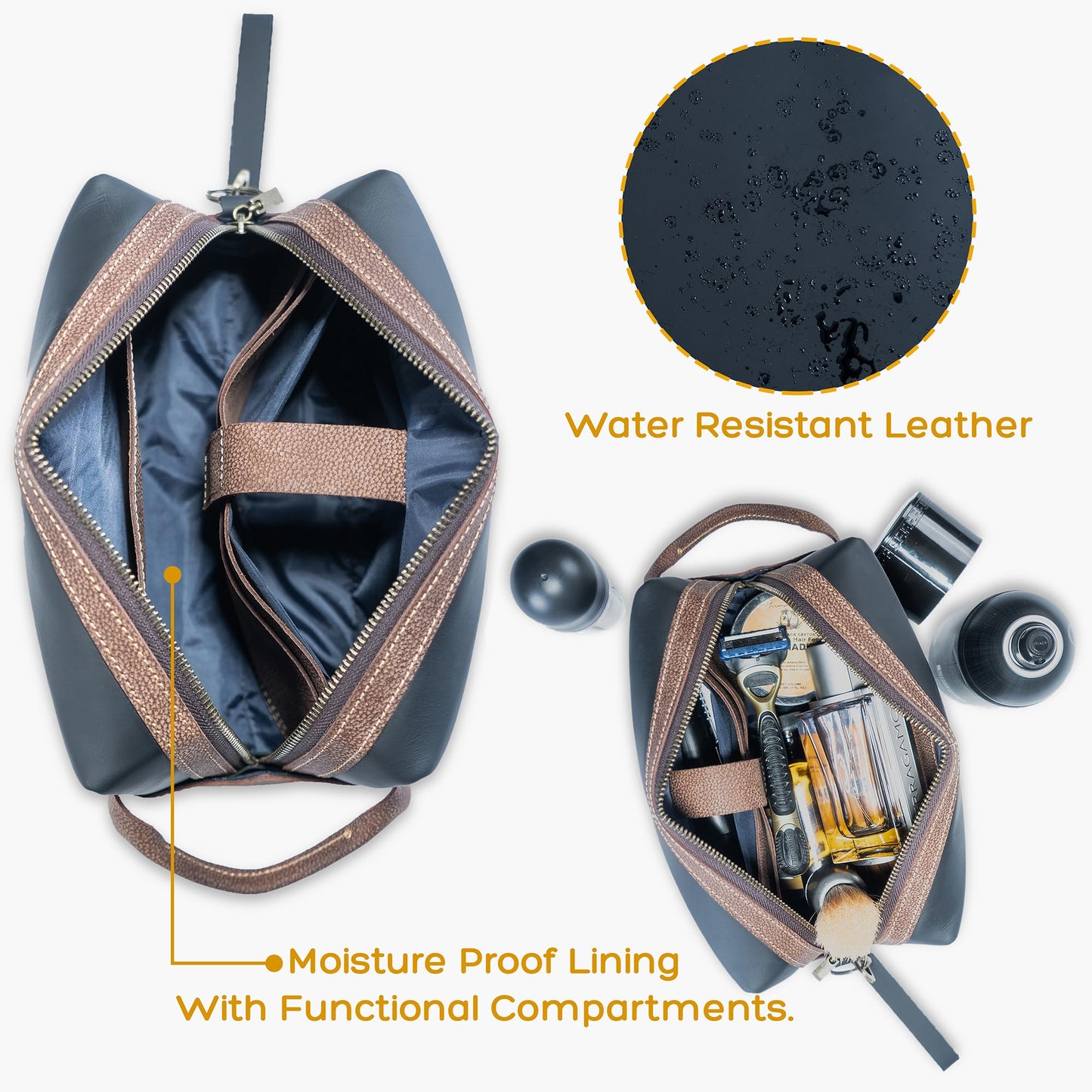 Premium Real Leather Toiletry Bag With Hook, Handmade Full-Grain Genine Leather Kit Bag for Men & Women, Water-Resistant Travel Organizer (Fits 3-4 oz Bottles) Luxury Shaving/Grooming Kit Gift