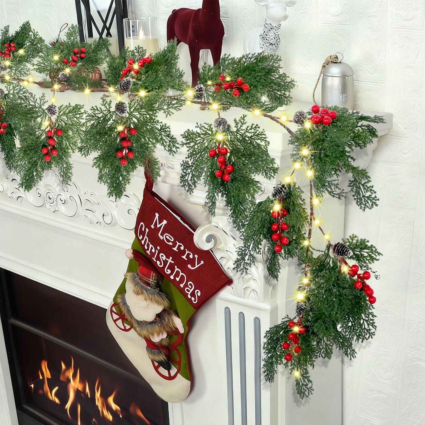 2025 New 6.56FT Christmas Garland Lights with 96 LED 8 Flash Modes Battery Operated Cypress Garland with Timer Lighted Xmas Pine Garland Christmas Decor for Mantle Fireplace Table Stairs Holiday